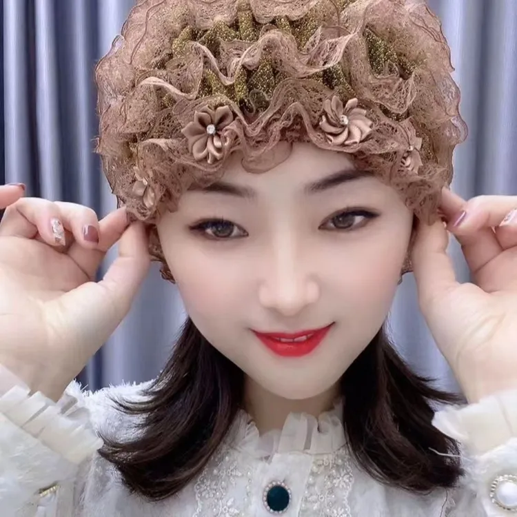 春秋夏四季款蕾丝小花朵款防尘遮阳中老年女士遮白发美人纱包头帽
