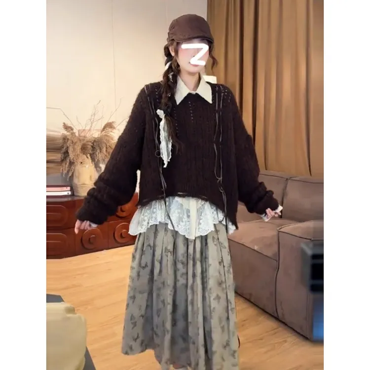 咖色镂空微透长袖薄款针织衫女早秋氛围感穿搭宽松慵懒风两件套