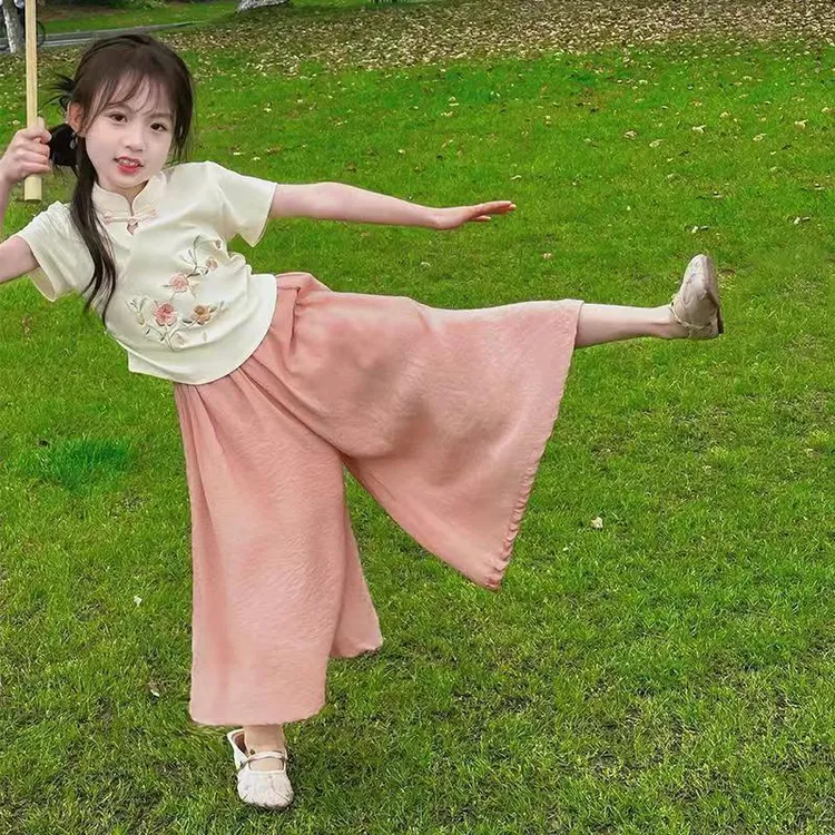 女童夏季中式国风套装2025新款中大童洋气盘扣短袖儿童长裤两件套