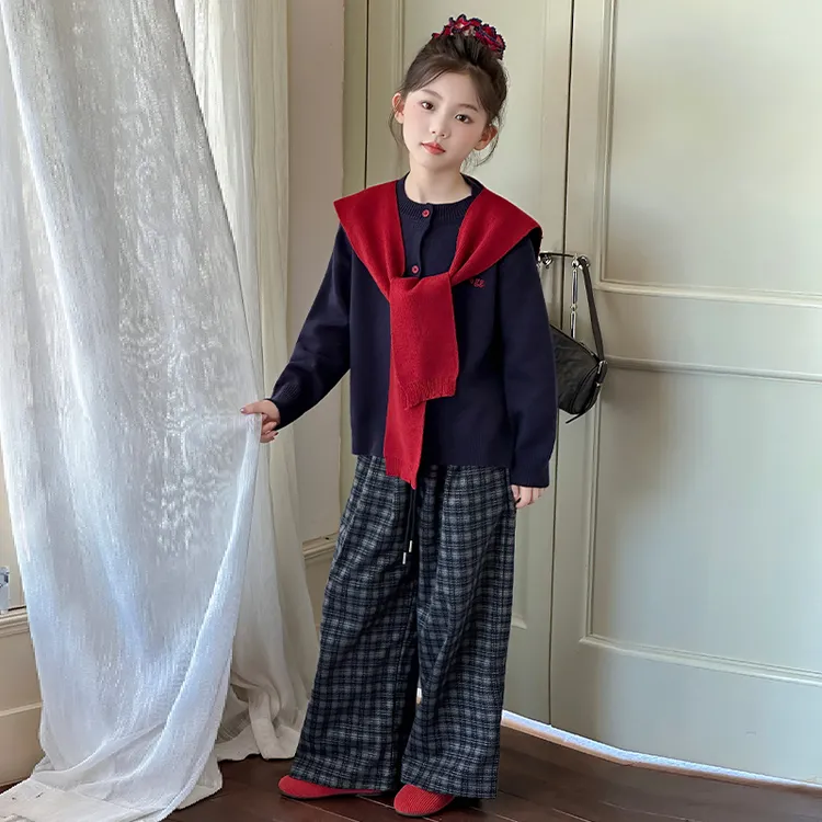 女童套装秋装2025新款儿童洋气披肩毛衣外套女孩春秋格子裤两件套