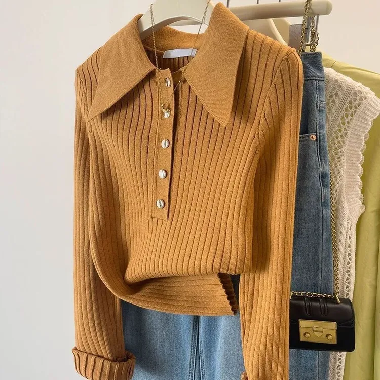 简约坑条POLO领针织衫上衣女秋冬款百搭打底衫宽松大码洋气毛衣潮