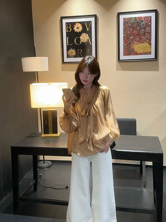 【缇娜专属】【金色传说】可正反两穿法式金色飘带衬衫女气质珠光感上衣