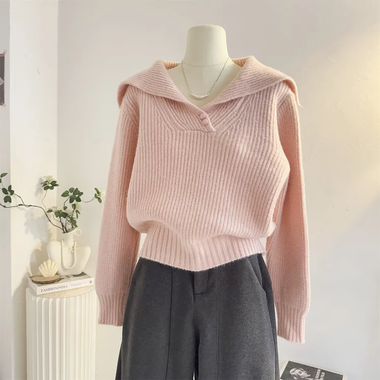 粉色海军领套头毛衣女2025秋冬季复古韩系减龄加厚翻领针织衫上衣