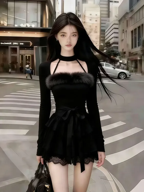 2025冬静奢御姐小香风黑色长袖毛领中腰系带设计感蕾丝边连衣裙