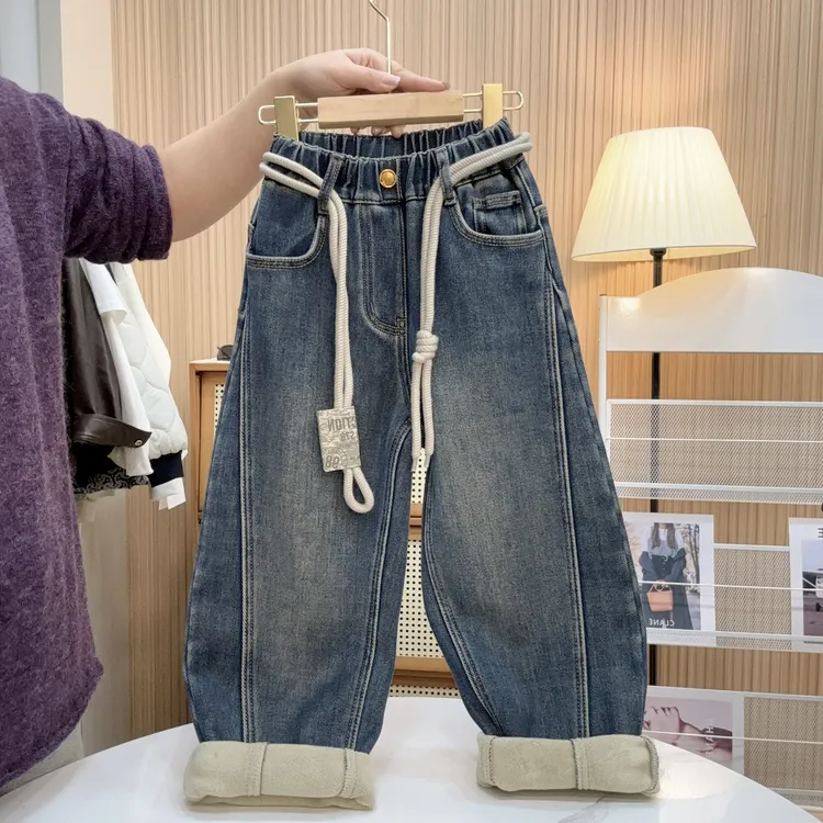 【加绒】~男童秋冬韩版百搭慵懒设计款潮流个性牛仔裤00372