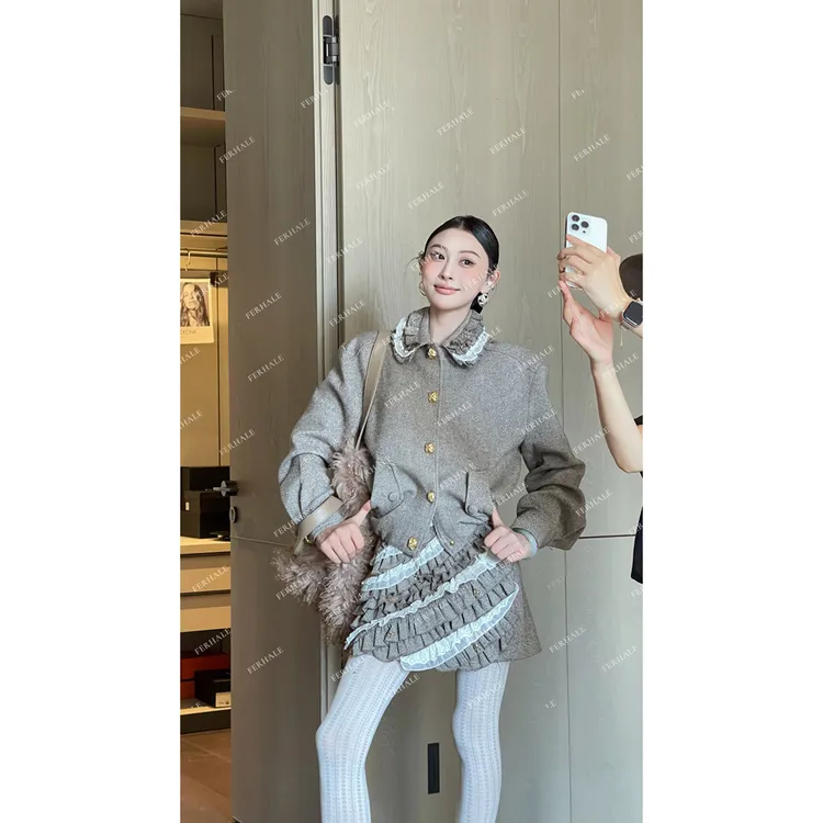 FERHALE高定系列 "绵羊毛" 复古风蕾丝花边领重工高贵棕色套装