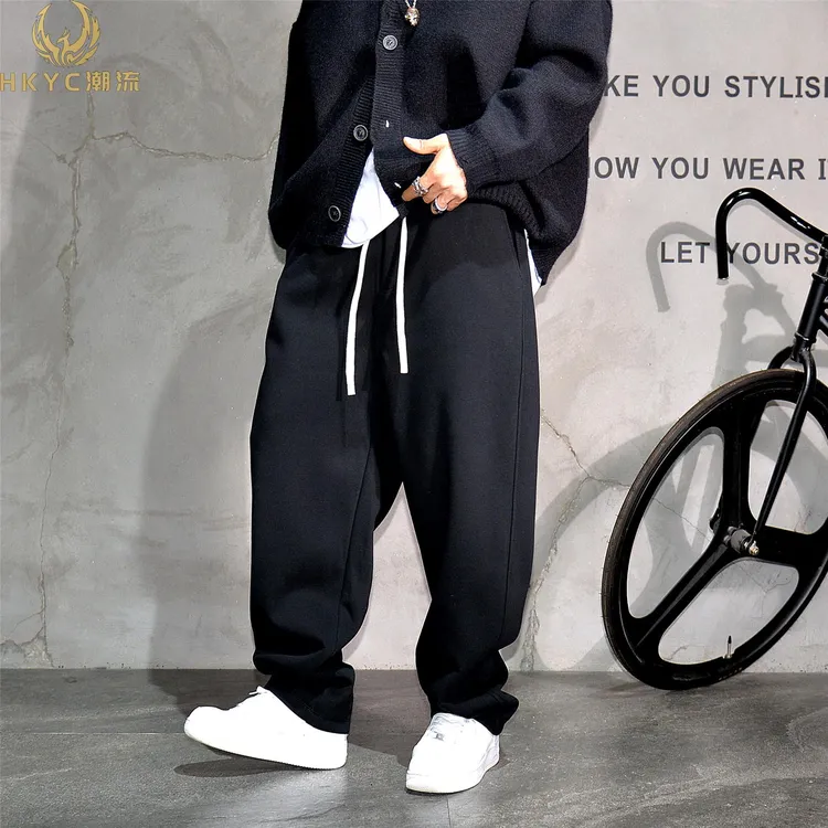 HKYC简约宽松直筒针织运动裤男潮牌阔腿弯刀裤加绒加厚垂坠感卫裤