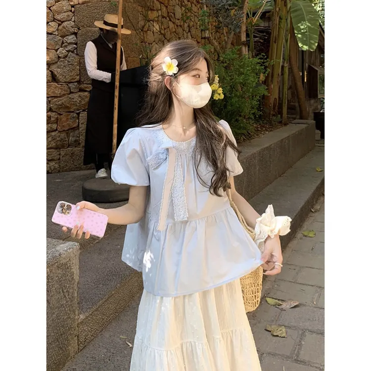 蝴蝶结蕾丝泡泡袖衬衫女夏季设计感压褶绑带衬衣的特别致绝美睡衣