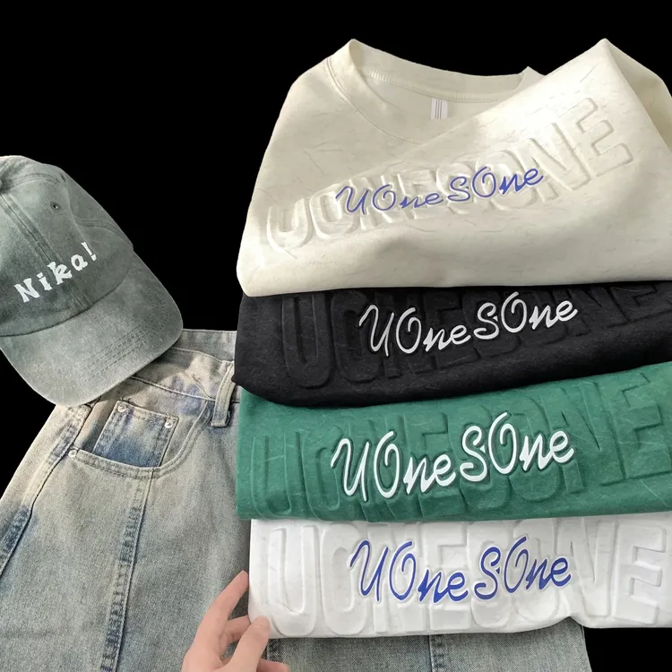 260g重磅短袖男夏季冰丝钢印设计oversize高级感t恤小领口五分袖