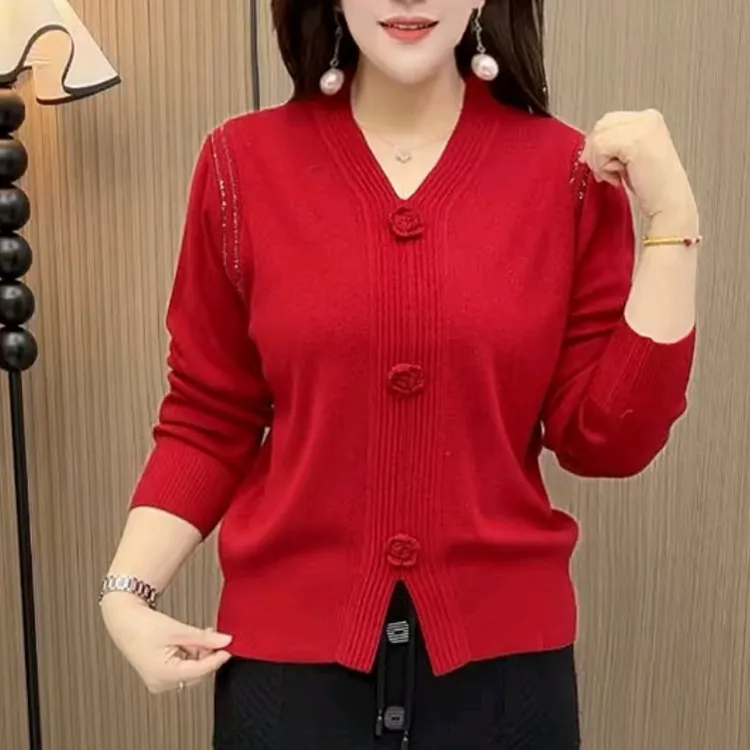 春秋时尚中年立体花朵V领宽松针织衫洋气百搭打底