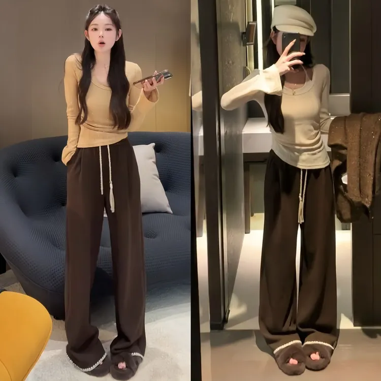 2025秋季新款气质洋气设计感拼接假两件百搭上衣垂感休闲裤两件套