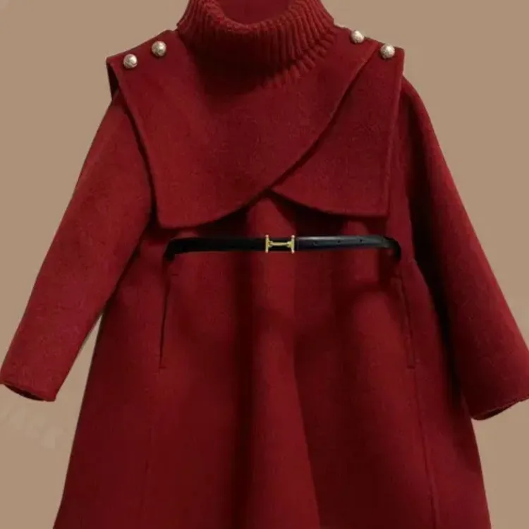 高端定制女童装外套肩外搭秋冬斗篷中大童披肩中长款收腰呢大衣潮