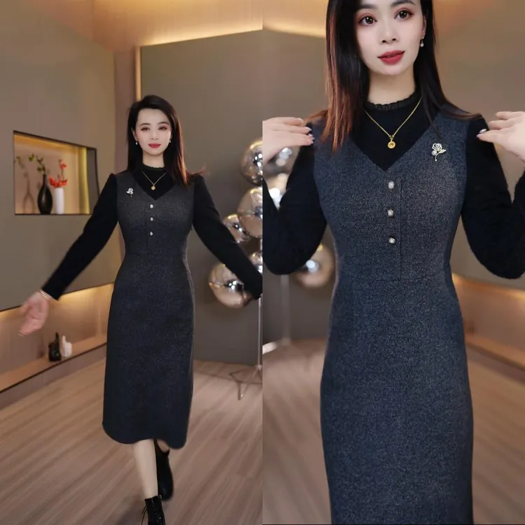 Q023加绒加厚连高级灰衣裙假两件显瘦气质冬季打底裙保暖蕾丝