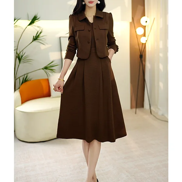 L178时尚气质咖色中长款大码法式连衣裙收腰遮字气质显瘦连衣裙
