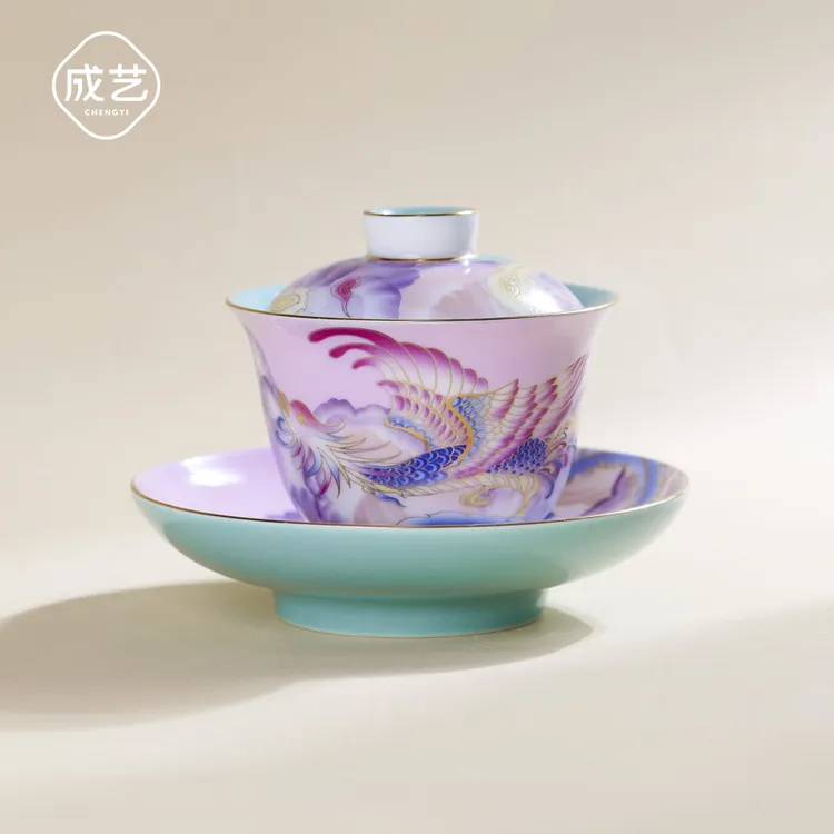 上新凤凰珐琅彩三才盖碗敬茶碗手工描金泡茶器具白瓷景德镇高温