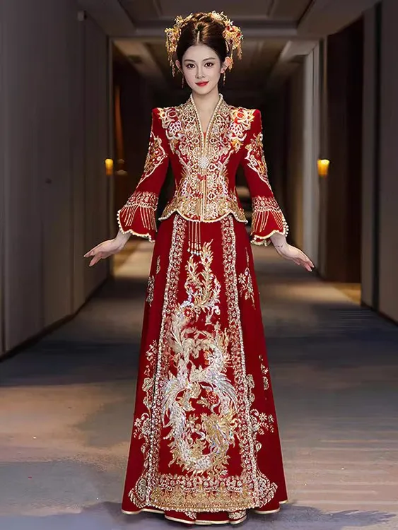 秀禾服2025女中式新娘结婚敬酒服嫁衣小个显瘦丝绒婚重工大码改良