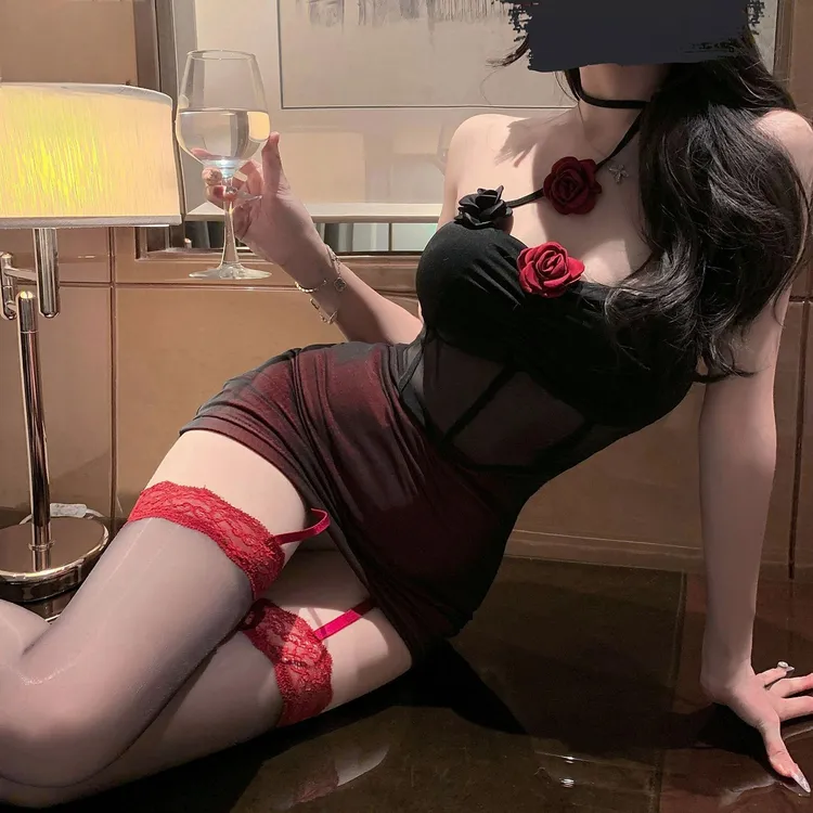 内衣暗黑辣妹网纱透明挂脖连衣裙纯欲旗袍花朵背修身裙
