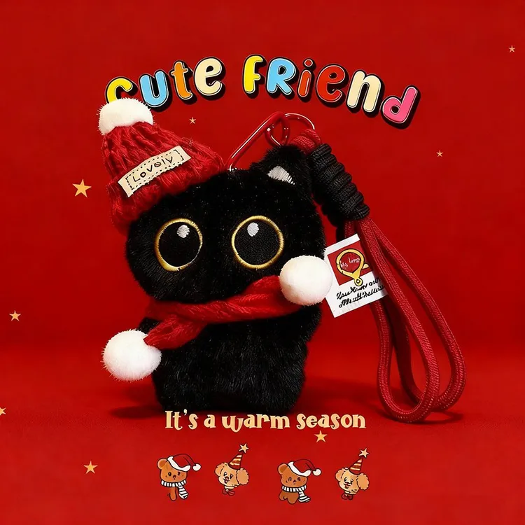 新款小猫挂件圣诞大眼黑猫可爱毛绒公仔钥匙扣情侣挂件小礼CXS