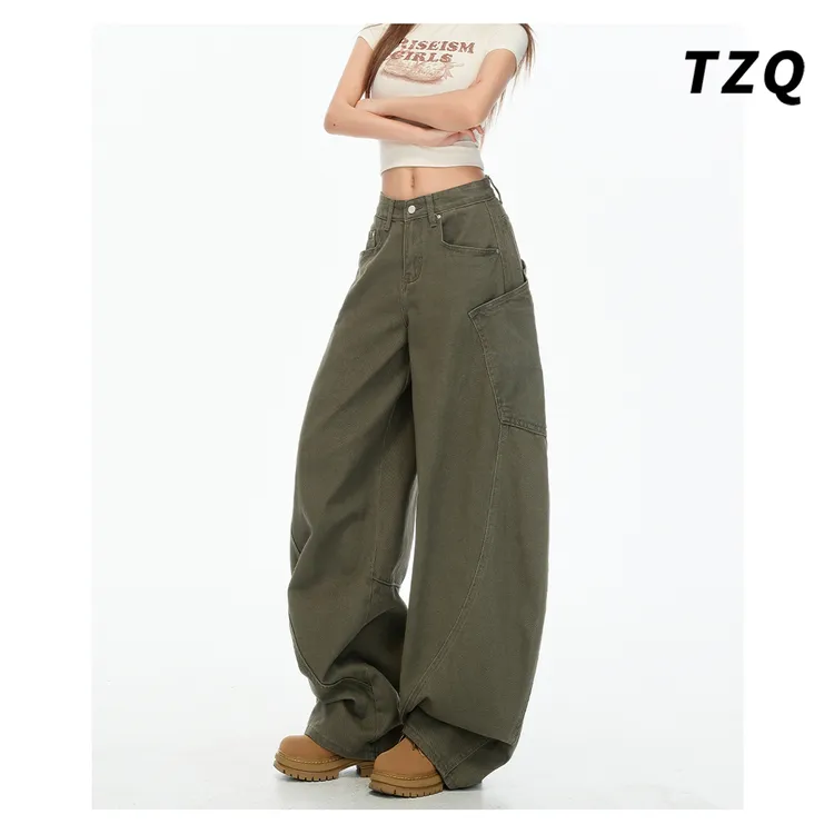 军绿色美式复古百搭弯刀牛仔裤女2025秋季宽松阔腿裤子TZQ2561727