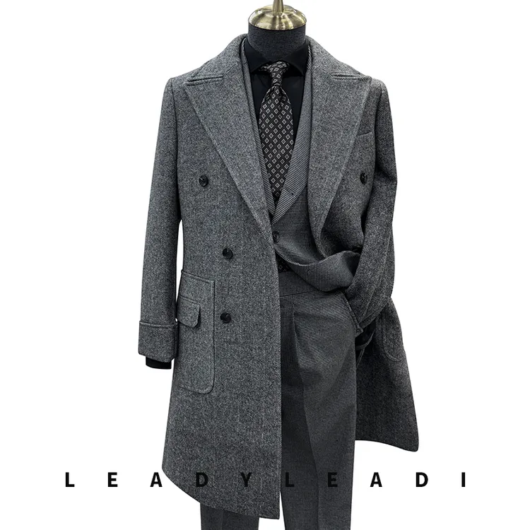 列奇男士毛呢大衣冬季时尚双排扣厚款商务西装领羊毛长款保暖外套