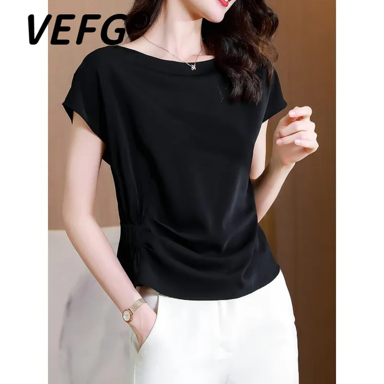 VEFG2025夏季褶皱雪纺衫短袖上衣女洋气黑色短款宽松冰丝收腰小衫