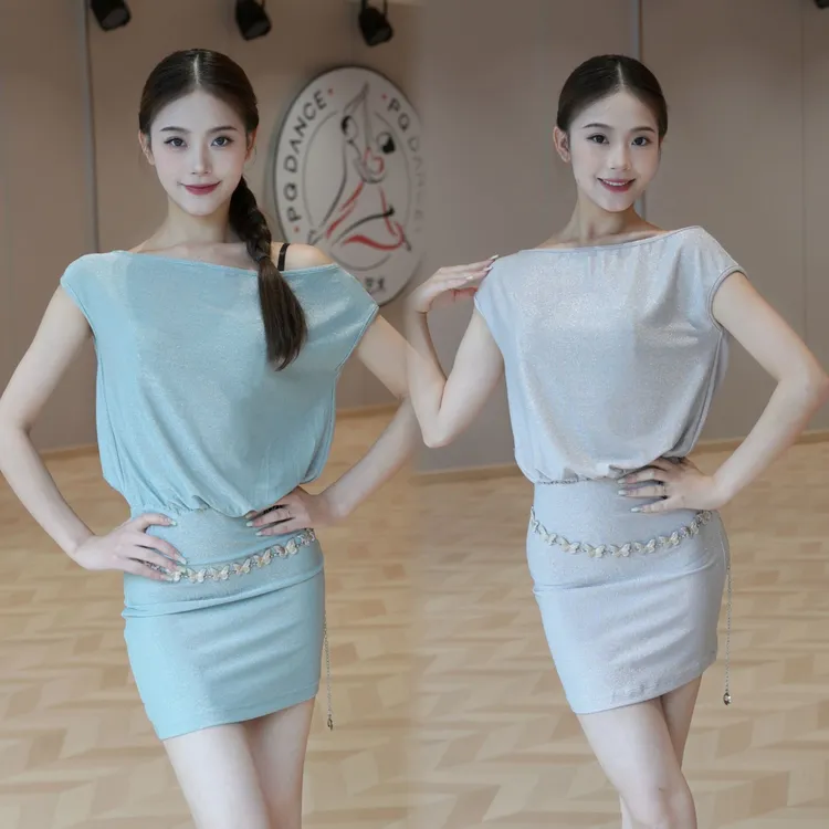 Fairy夏季新款拉丁舞服罩衫斜肩连衣裙教课练舞亮丝百搭包臀裙女