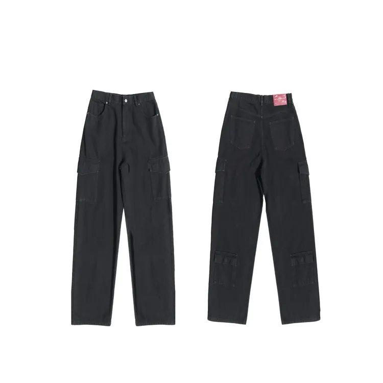 【木兰】高腰重磅多口袋百搭经典工装裤秋冬裤子阔腿黑色宽松9363