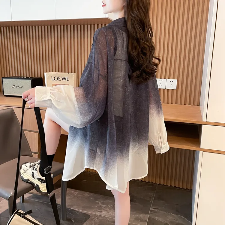 小众渐变色衬衫外套女2025爆款韩版宽松大码中长款显瘦遮肉上衣潮