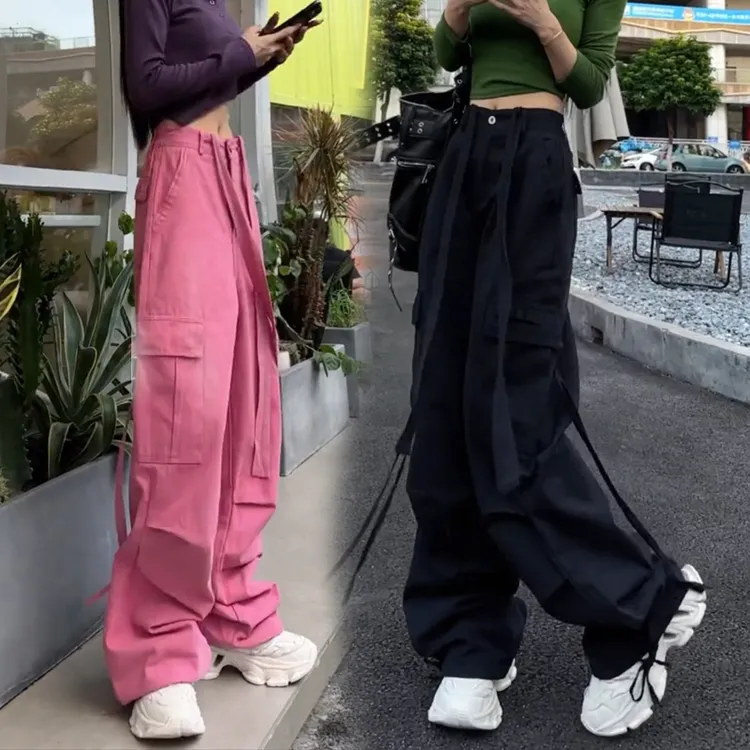 美式潮牌工装裤女春装宽松纯色百搭腰绳多口袋高街百搭休闲裤