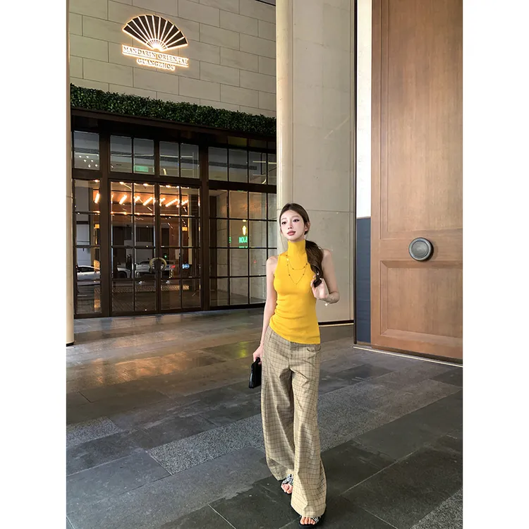美式纯色辣妹针织背心格纹不规则弯刀休闲裤宽松长裤拖地裤套装女
