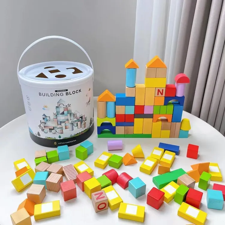 儿童益智玩具实木大颗粒防吞咽62颗送收纳桶