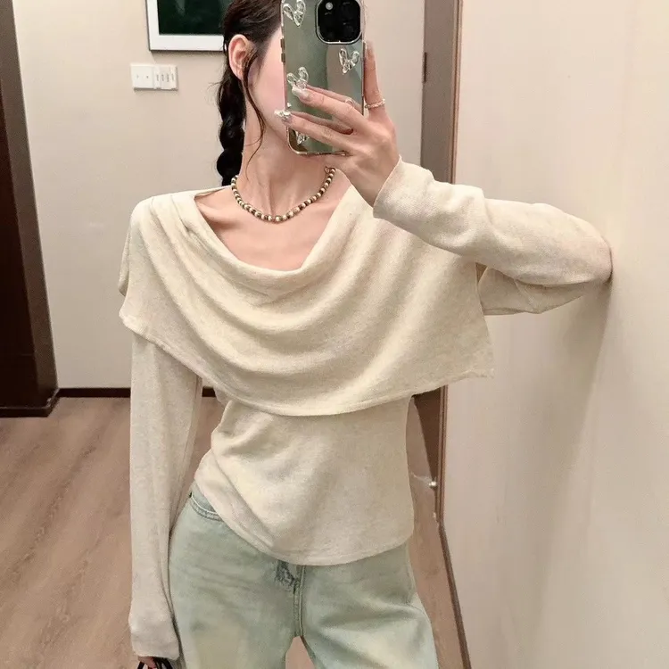 一字肩两件套款女针织衫抽绳修身休闲