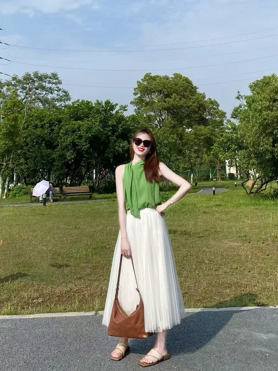 夏季2025新款韩风chic气质小众系带背心上衣百搭高腰显瘦半身裙