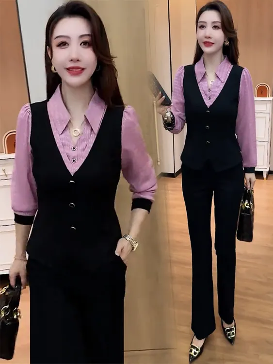 时尚套装女2025秋季新款洋气显瘦假两件拼接长袖衬衫阔腿裤两件套