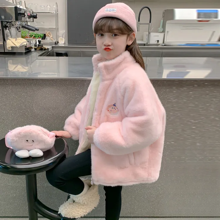 女童毛绒连帽外套冬季加厚棉衣2026新款加绒韩系休闲卡通绒毛毛衣