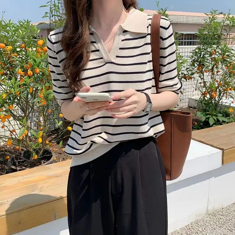 polo领条纹针织衫T恤女2025夏季新款简约韩版爆款V领时尚百搭短袖