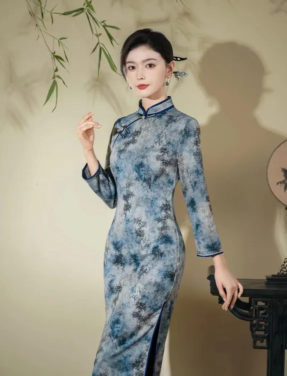 苏州高端【彩纹】日常中长裙斜襟袖型旗袍国风复古双层500克重磅