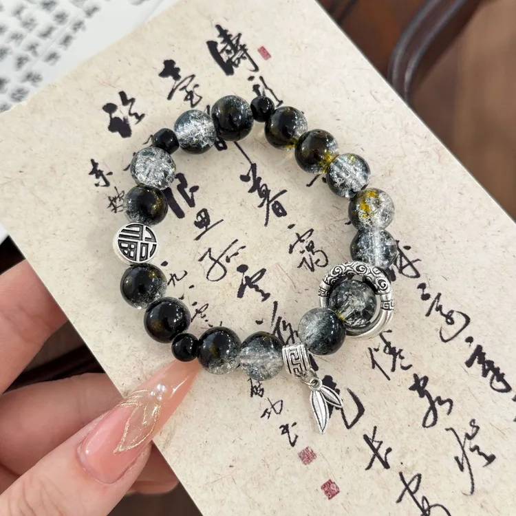 Uioe 钛钢玻璃手链 古风冰裂手串男女跑环高颜值小众个性百搭手链