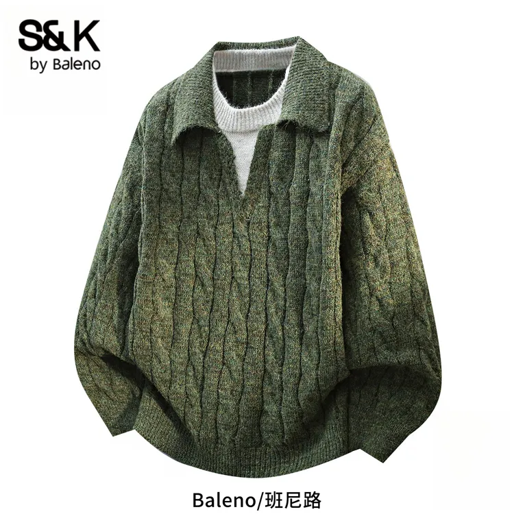 班尼路S&K提花假两件翻领毛衣男士2025秋冬季新款宽松休闲针织衫