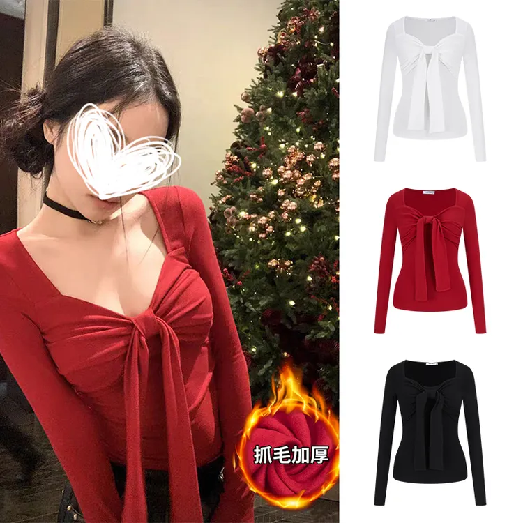 MosesQueen/魔西女王“加厚版”圣诞红蝴蝶结长袖纯欲紧身打底衫