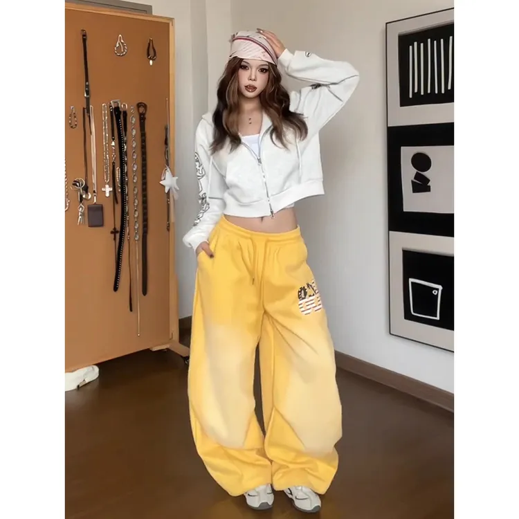 美式复古休闲裤女早秋穿搭水洗做旧直筒阔腿裤辣妹黄色运动裤子潮