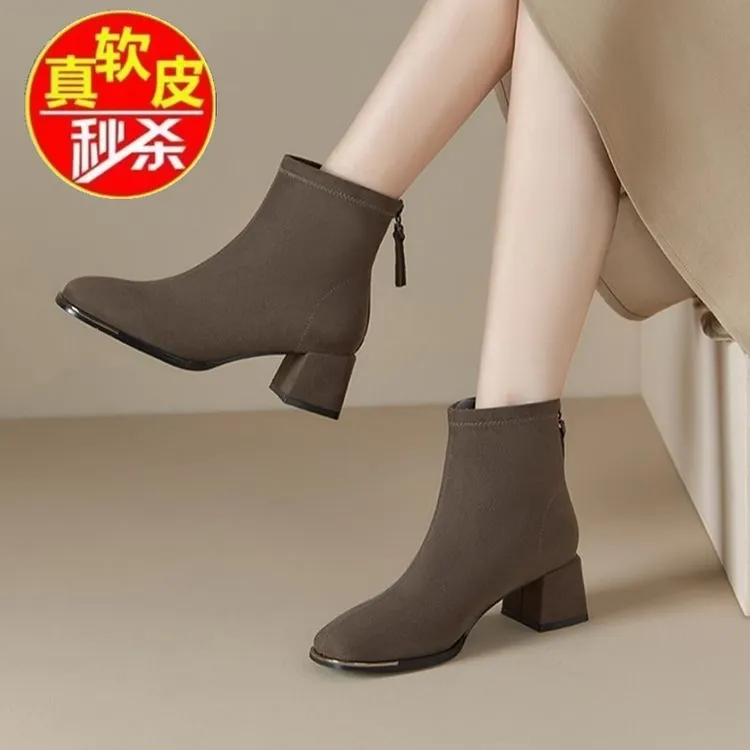 品牌断码绒面时装靴中粗跟2025秋冬新款瘦瘦靴单靴真皮磨砂女鞋靴