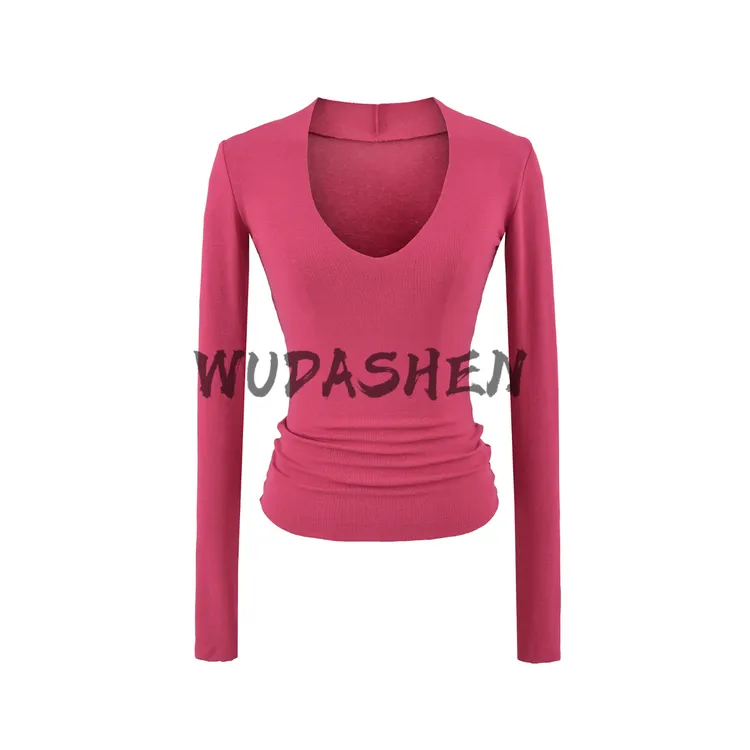 【你伍老板娘】“榛子奶霜”深v紧身马卡龙色紧身长袖T