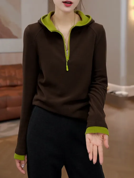 撞色连帽打底衫女秋冬内搭2025年新款半开领拉链保暖休闲长袖上衣