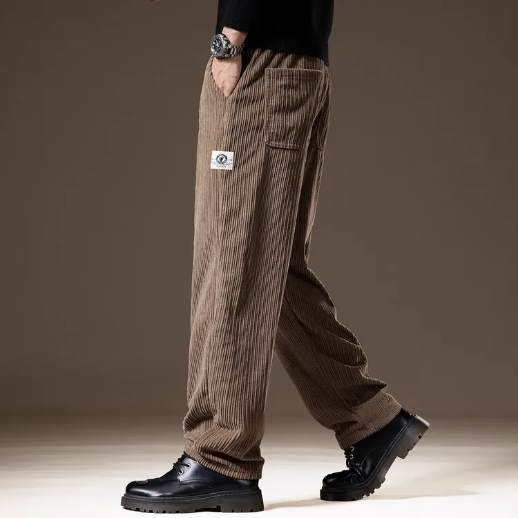 高端重磅粗纹条绒灯芯绒休闲裤男秋冬加绒宽松大码直筒阔腿裤子男