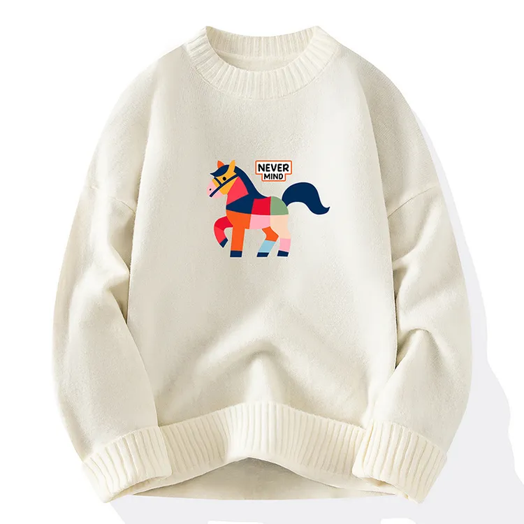 毛衣男款冬季加绒加厚保暖衣马年图案青少年学生毛线衣白色打底衫