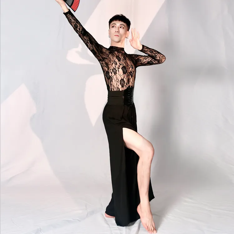 白婳跹白小白青花瓷同款古风设计中国风黑色气质黑色蕾丝舞蹈服