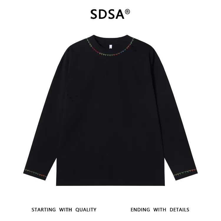 SDSA男士秋冬新款痞帅男装百搭彩色缝线圆领长袖T恤百搭时尚上衣