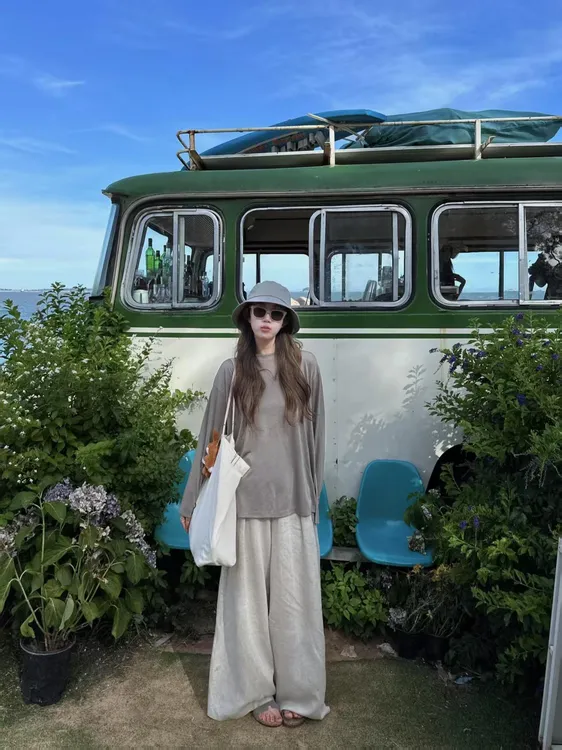 韩系慵懒松弛感穿搭女夏季薄款防晒衫长袖上衣宽松休闲裤两件套