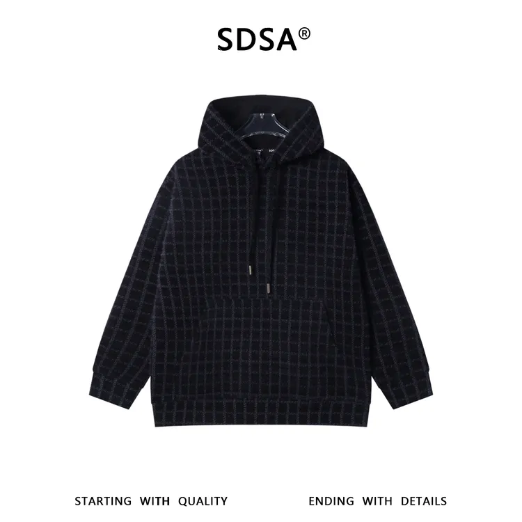 SDSA男士秋冬新款痞帅男装撞色格纹格子连帽卫衣百搭时尚套头上衣